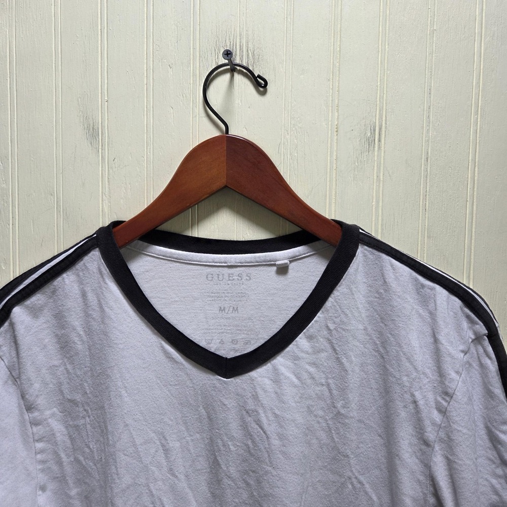 Guess Shirt Mens Medium White V-Neck Ringer Logo Tagless Cotton Jersey Tee